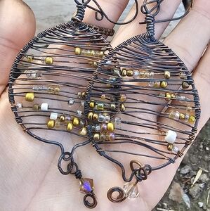 Copper wire weave leaf lemon earrings